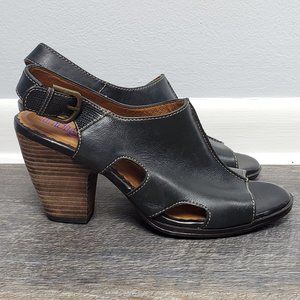 Clarks Indigo Cutouts Buckle Leather Black Sandals Wood Stacked Heel 8